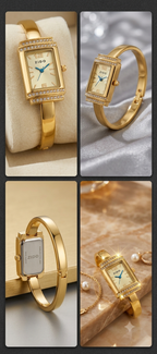 ZIDO Women’s Gold-Tone Rhinestone Rectangle Bangle Watch