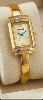 ZIDO Women’s Gold-Tone Rhinestone Rectangle Bangle Watch