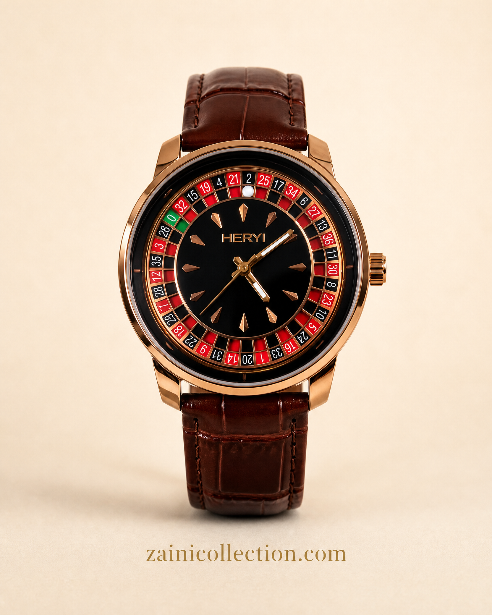 Casino HERYI Roulette Collection Rose Gold Luxury Watch - Black Dial & Brown Leather Strap