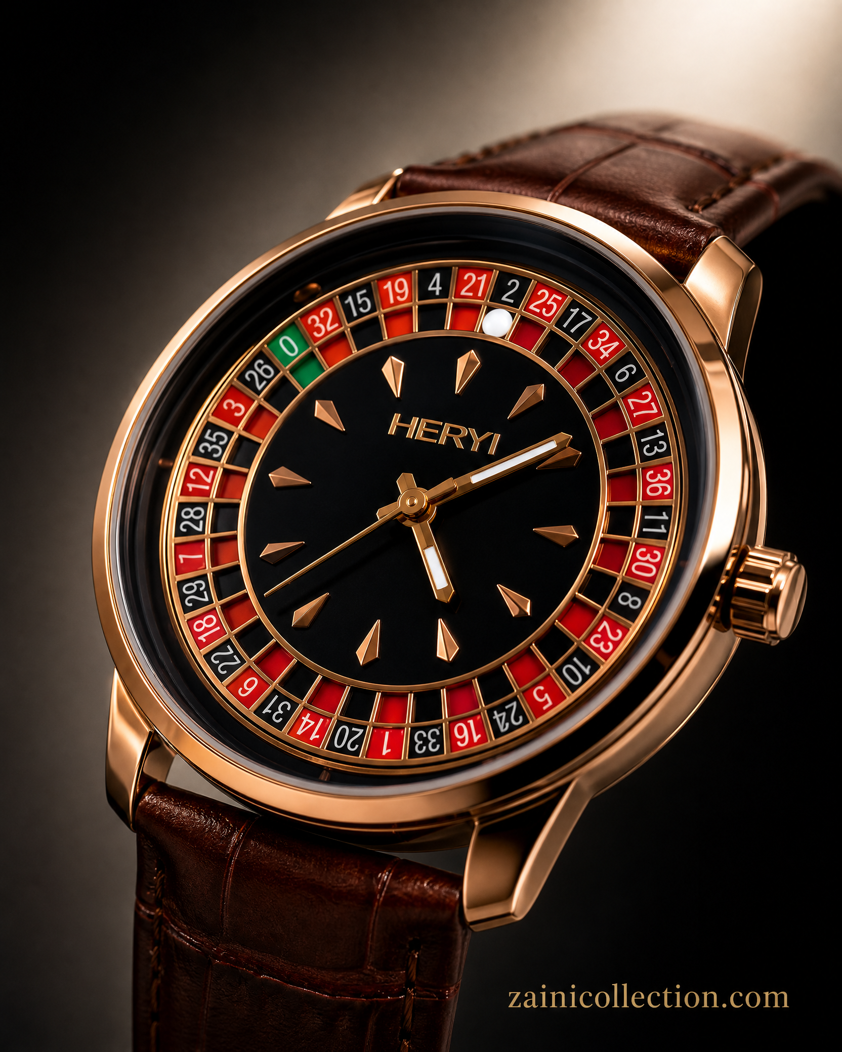 Casino HERYI Roulette Collection Rose Gold Luxury Watch - Black Dial & Brown Leather Strap