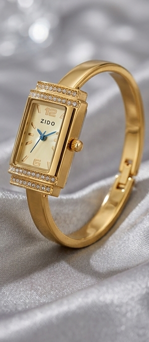 ZIDO Women’s Gold-Tone Rhinestone Rectangle Bangle Watch