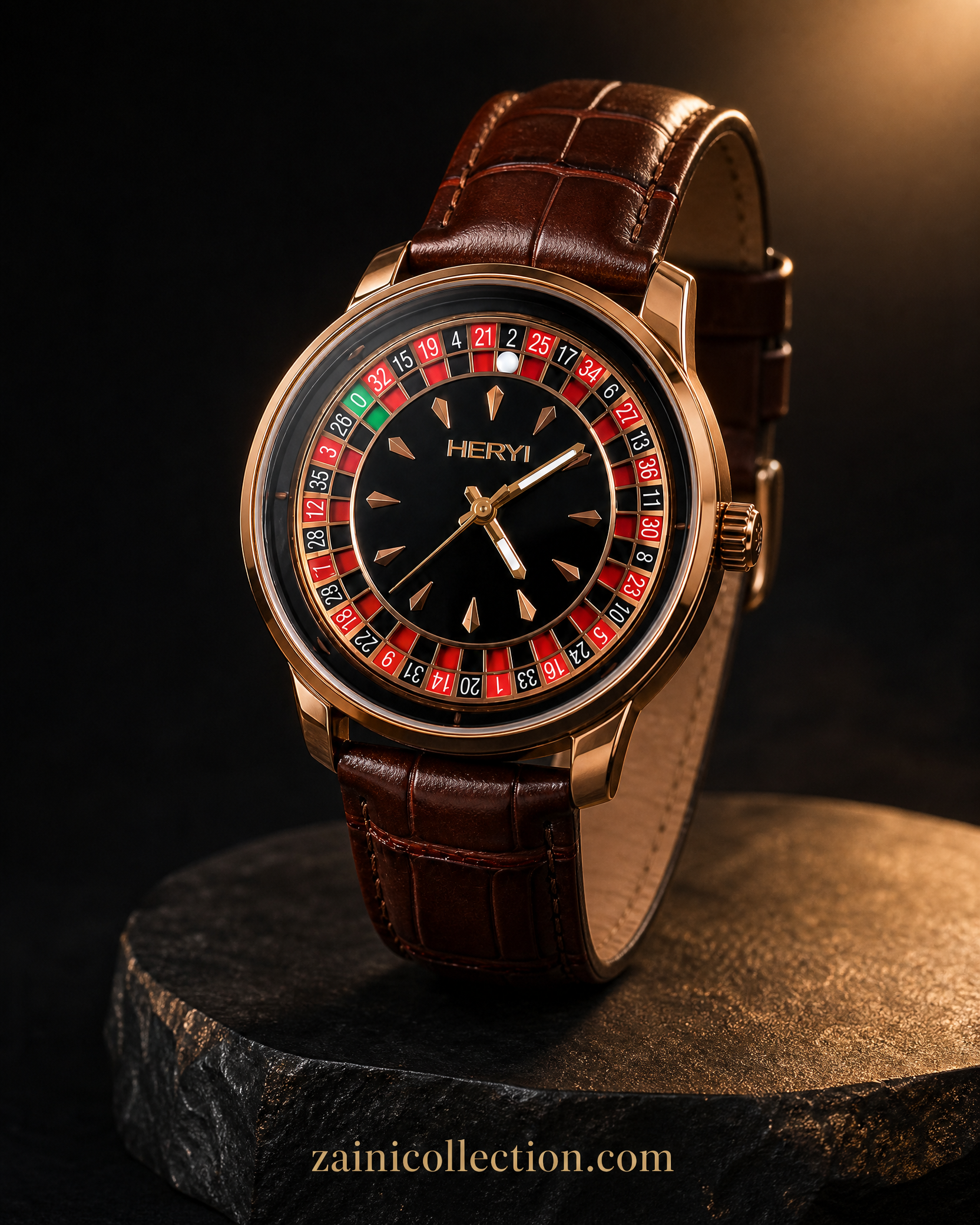 Casino HERYI Roulette Collection Rose Gold Luxury Watch - Black Dial & Brown Leather Strap